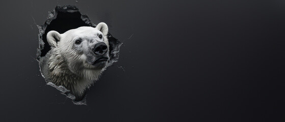 The imagery of a polar bear breaking through darkness serves as a metaphor for struggle and breakthrough, rendered in monochrome - obrazy, fototapety, plakaty