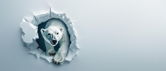 Creatively composed, this image shows a polar bear framed by what seems to be torn white paper,...