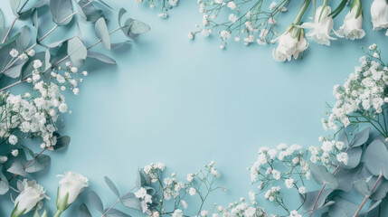 Elegant white flowers and greenery on a soft blue backdrop, perfect for spring-themed designs