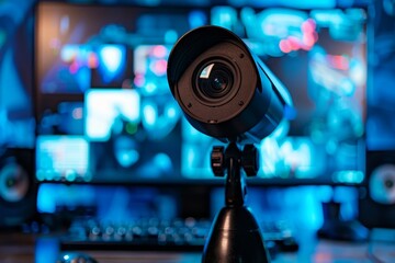 Black webcam above computer monitor Represents digital security