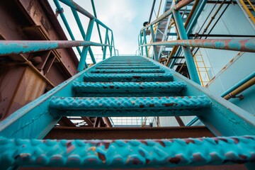 Blue metal emergency ladder for technicians and handlers providing direct path to descend from public bridge
