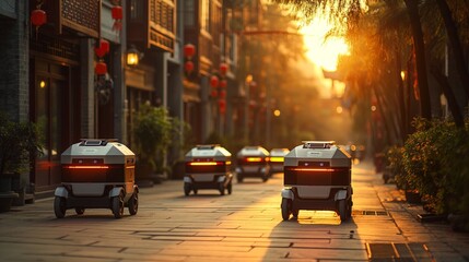 Autonomous delivery robots at dawn on a traditional urban street, integrating futuristic AI...