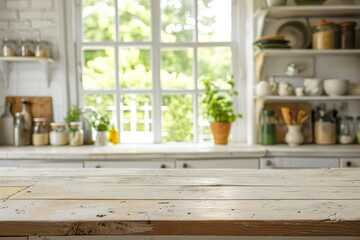 Blurry background with empty bleached table and kitchen window shelves - obrazy, fototapety, plakaty