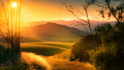 sunset over rolling hills