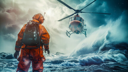 Dramatic image showing a search and rescue operation with a rescuer and a helicopter above a churning sea