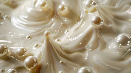 Fotobehang High-definition close-up image capturing the dynamic beauty of beige creamy liquid with drops creating elegant patterns © Radomir Jovanovic