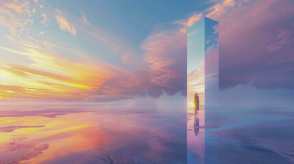 A serene image with a reflective surface creating a mirror portal, where a lone figure contemplates a dreamlike, surreal sunset