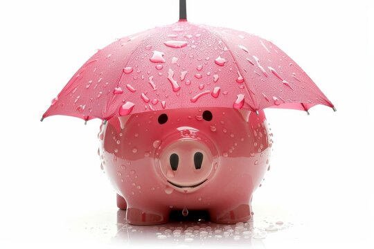 Breaking into the piggy bank for a rainy day on a white background