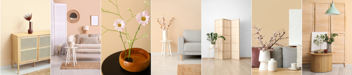 Collection of stylish minimalist interiors with beige wall