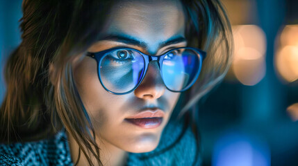 A close-up of a woman with glasses, reflecting intricate light patterns that highlight her focused gaze