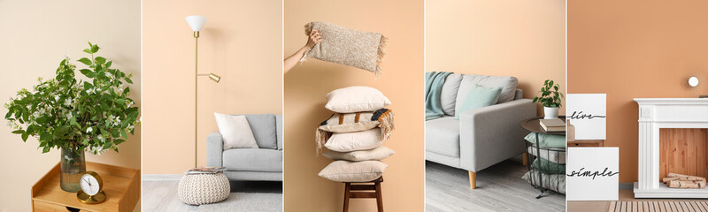 Obraz premium Group of stylish minimalist interiors with beige wall