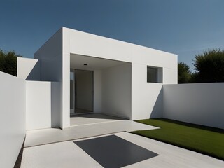 A minimalist cube house with a flat roof, hidden entrance, and an all-white exterior, generative AI