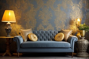 Golden Elegance Meets Blue Bliss	Colorful Wallpaper: Gray & Gold