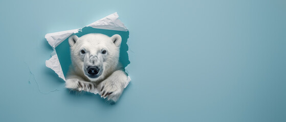 A curious polar bear investigates, peeking through a sky-blue paper tear - obrazy, fototapety, plakaty