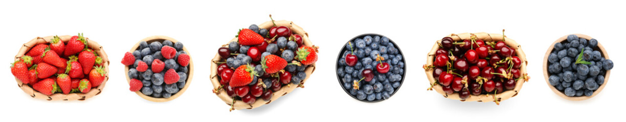 Set of many different berries on white background, top view