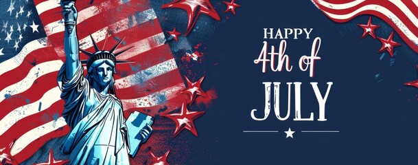 red, white and blue colors, illustration style, with the statue of liberty in the background Generative AI