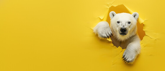 Captivating polar bear looks through a torn yellow paper hole, signifying curiosity and exploration...