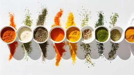 A collection of colorful spices neatly arranged on a white surface.