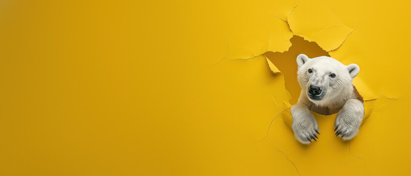 A playful image featuring a curious polar bear peeking through a ripped hole in vibrant yellow paper, portraying a unique and eye-catching scene