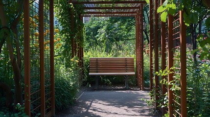A secluded bench in a mechanical garden, surrounded by a maze of copper vines and blossoms that open and close in response to the sun's movements, providing a peaceful spot for reflection.
