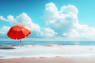 Bright red beach umbrella on the seashore with copy space for text. The concept of travel to the sea and beach holiday.