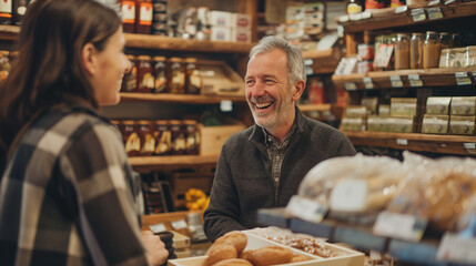 discussing the features of a product with genuine warmth and hospitality, the aroma of fine foods filling the air, enhancing the sensory experience of their interaction,