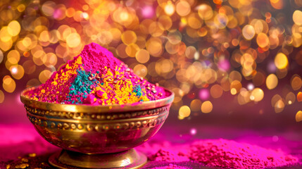 Obraz na płótnie Canvas A close-up image showcasing vibrant and colorful powders in a traditional brass bowl set against a sparkling bokeh background