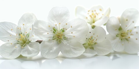 A group of white flowers on a white surface, Spring close-up image of apple blossoms