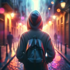 A boy with a hoodie walks down a city alley
