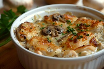 Chicken and mushroom casserole with white sauce