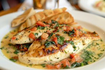 Chicken florentine with breadsticks on a plate