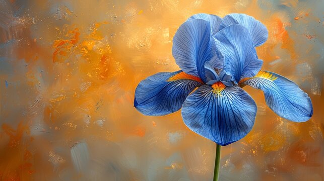   A painting of a blue flower against a yellow and orange backdrop, featuring a red centerpoint