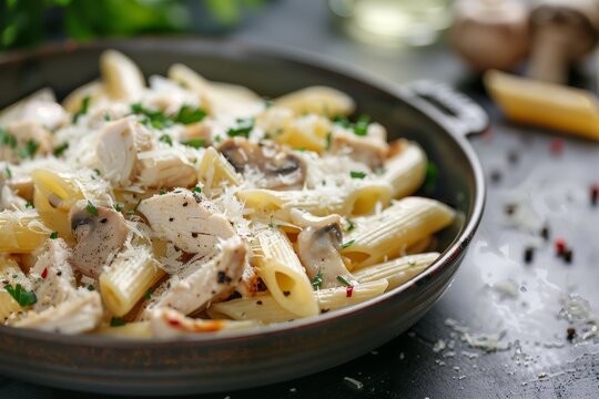 Chicken and mushroom penne pasta topped with Parmesan