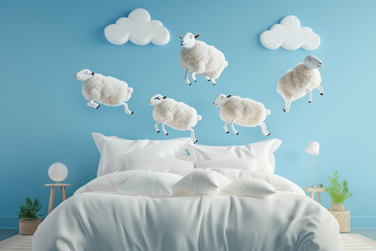 Jumping sheep over bed in a dreamy bedroom