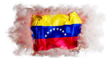 Venezuelan Flag Displayed with Stars Ascending Through Smoke and Fire on Black Background