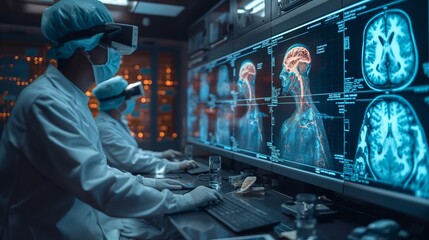 Medical professionals analyzing neurology diagnostics with VR headsets. Precision medicine through futuristic technology and brain imaging visualization. Healthcare innovation.