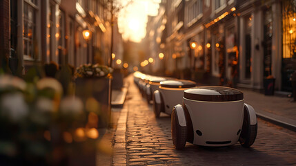 Line of autonomous robots providing delivery services on a cobbled city street at sunset, showcasing AI-driven transport and logistic innovation in an urban smart city environment.