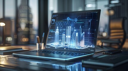 A sleek, futuristic laptop with a transparent OLED screen, showcasing a complex 3D model of a new city layout. The model features intricate details of buildings, parks, and transportation systems, 