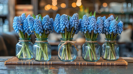   A collection of vases, each brimming with blue blooms, rests atop a weathered wooden table Behind it, books line up against a wall