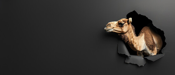 Obraz premium A serene camel sits calmly peeking through a ripped black paper, bringing a tranquil yet humorous touch