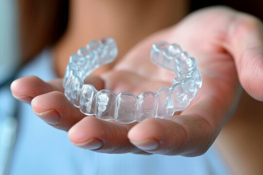 Clear mouthguard for aligning teeth and bite in the dentist s hand