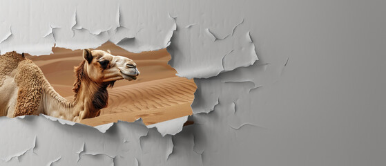 A full-body shot of a calm camel standing amidst a desert scene, assertively ripped through grey paper