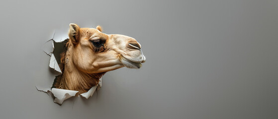 Creative image featuring a camel profile looking through a perfectly round hole in white paper simulates a curious peek