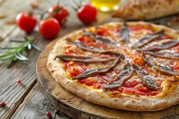 Close up of anchovy olive and caper pizza
