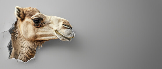 A playful image of a camel's head coming out from a torn gray wall, capturing a sense of curiosity...