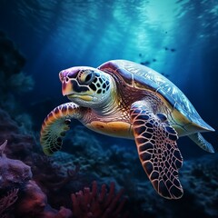 Fototapeta premium Turtle swimming in the deep sea shot .
