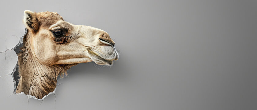 A playful image of a camel's head coming out from a torn gray wall, capturing a sense of curiosity and humor