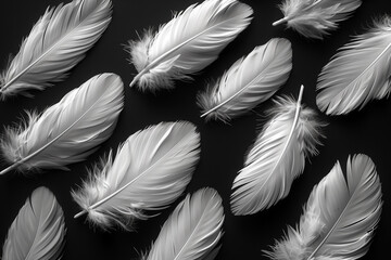elegant arrangement of white feathers against a dark background, emphasizing contrast, texture, and delicacy. Sorted diagonaly