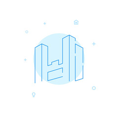 Skyscrapers, future city vector icon. Flat illustration. Filled line style. Blue monochrome design. Editable stroke. Adjust line weight.