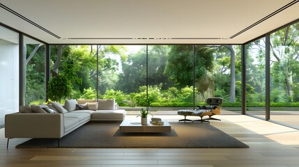 A sleek, minimalist living room with floor-to-ceiling windows offering a panoramic view of a lush, green garden. The windows have ultra-thin frames for an almost invisible look, blending the indoor